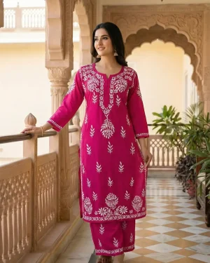 Rayon Chikankari Kurti Palazzo Set – Lucknowi Hand Embroidered Ethnic Wear - Purple Reds