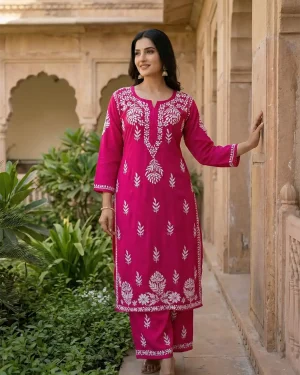 Rayon Chikankari Kurti Plazzo Co Ord Set – Lucknowi Hand Embroidered Ethnic Wear - Raspberry