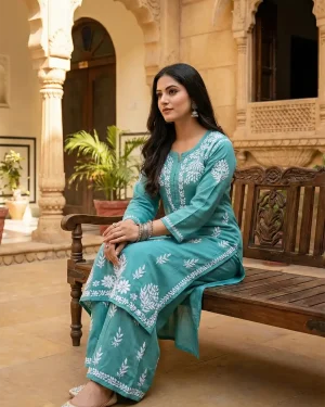 Rayon Lucknowi Chikan Kurta Palazzo Set for Women – Festive Outfit Teal
