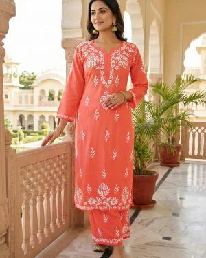 Women's Chikankari Kurti with Plazzo - Lucknowi Rayon Kurta Co-Ord Set - Coral