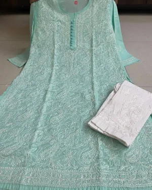 Designer Ethnic Chikankari Kurti for Girls with Intricate Paisley Jaal Embroidery Opal