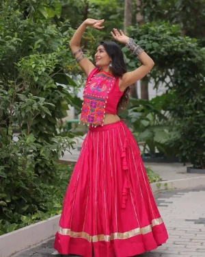 Ethnic Gamthi Embroidery Chaniya Choli Set Pink Gota Patti Lehenga with Mirror Work for Navratri & Festive Wear