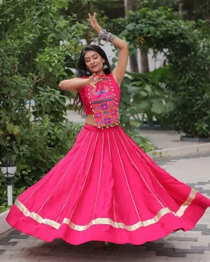 Festive Wear Kutchi Gamthi Lehenga Choli for Garba Roman Fabric Pink Chaniya Choli with Mirror Work