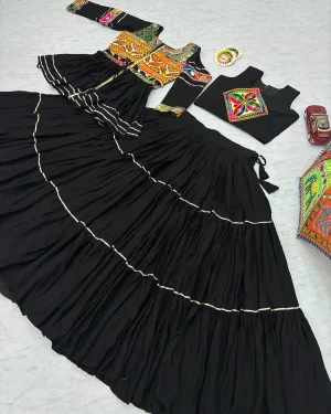 Garba Festival Wear Cotton Lehenga Choli with Embroidered Gamthi Jacket Black