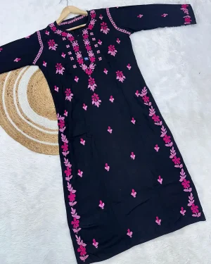 Graceful Black Cotton Rayon Kurti with Pink & Green Embroidery Charm Pink