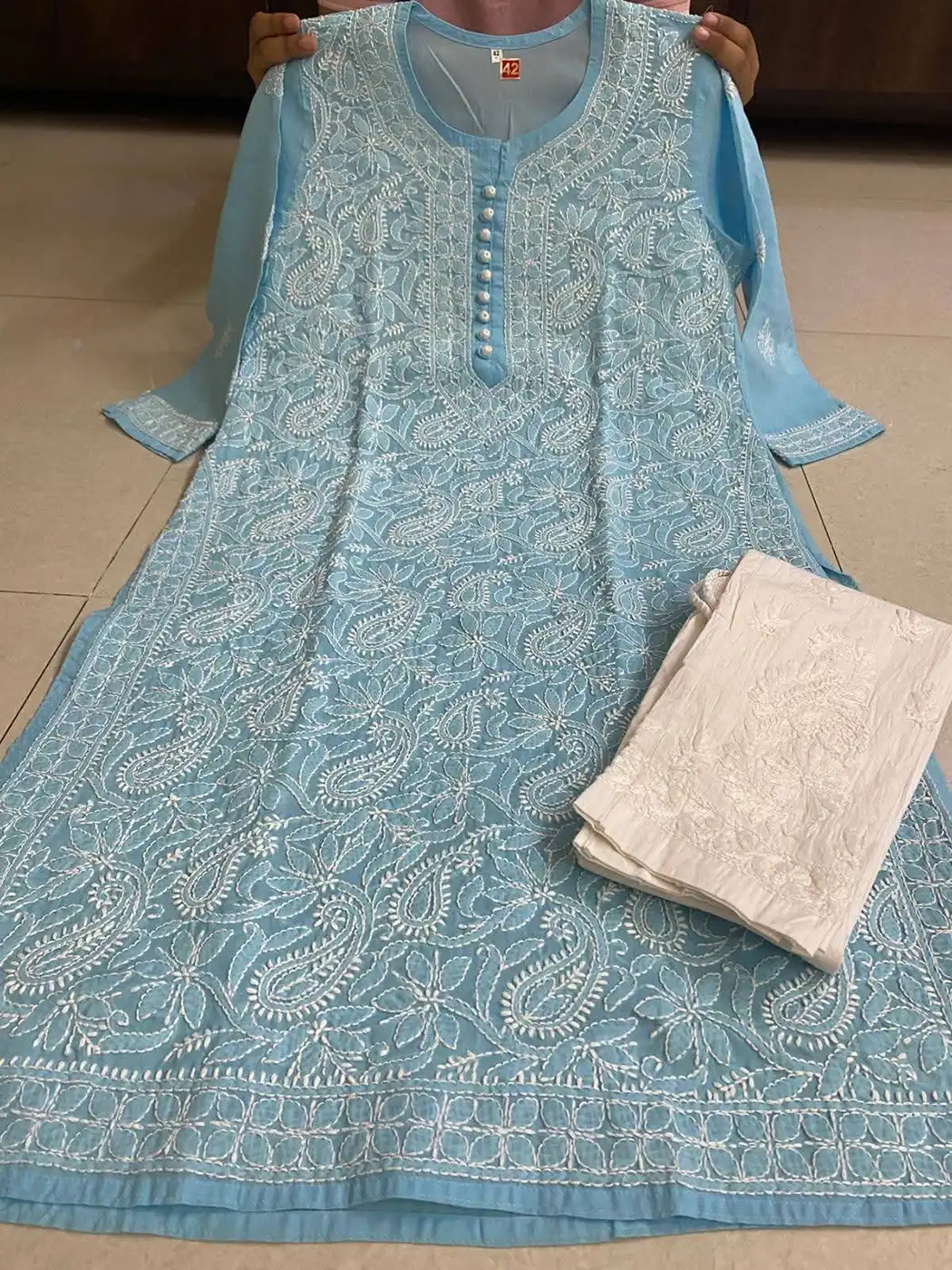 Heritage Lucknowi Jaal Work Kurti for women with Decorative Potli Buttons Moonstone