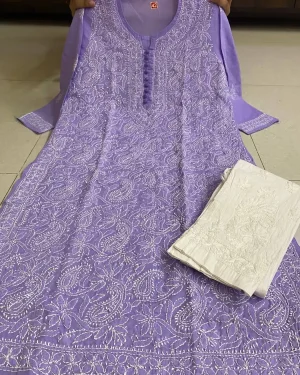 Lucknowi Chikankari Kurta with Potli buttons All-Over Jaal Work Hand Embroidered Lavender