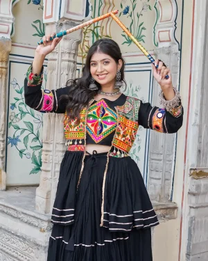Navratri Special Heavy Cotton Lehenga Choli Set with Flared Jacket & Gamthi Embroidery