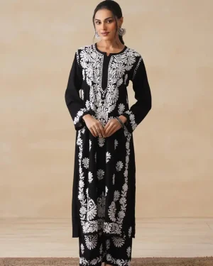 Soft Cotton Rayon Chikankari Kurta Palazzo Pants for Women Festive Wear