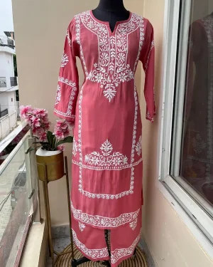 Women’s Chanderi Silk Lucknowi Chikankari Kurti Sharara Set