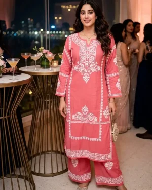 Women’s Chanderi Silk Lucknowi Chikankari Kurti Sharara Set - lifestyle coral