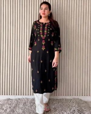 Women’s Embroidered Straight Cotton Rayon Kurti Floral Multicolor Kurta