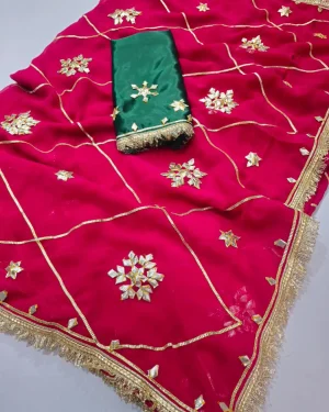 Women’s Georgette Sari with Gotta Patti Zari Work Wedding & Festive Wear Saree-Raspberry Red