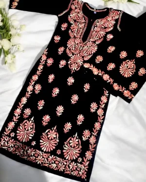 Lucknowi Chikankari Cotton Rayon Kurta Palazzo Set for Women Coral