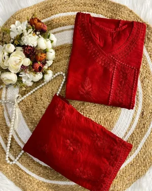 Chanderi Cotton Angrakha Kurti Pant set Women’s Festive Ethnic Wear Wine red