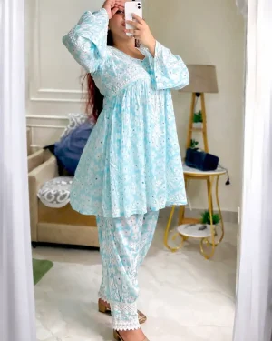 Elegant Floral Mullmull Kurti with Designer Afghani Pants