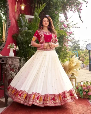 Grand Festive Vichitra Lehenga Choli Set with Intricate Embroidery & Ethnic Koti Red wine