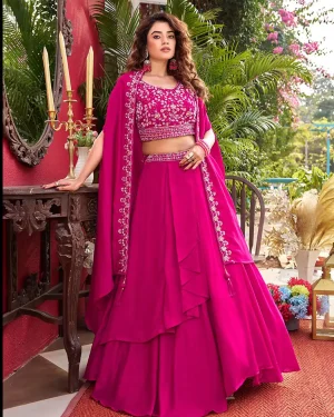 Luxury Wedding Wear Lehenga Choli & Shrug Dupatta with Rich Embroidery Layered Flair Design