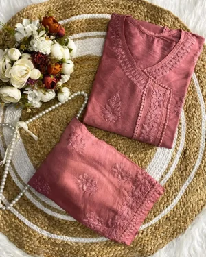 Women’s Chanderi Cotton Angrakha Style Kurta Pant Set Festive & Party Wear Dusty rose