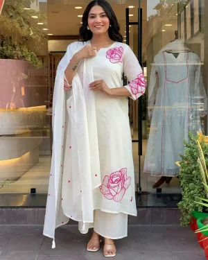 Cotton Kurta Pant Set with Floral Embroidery & Mulmul Dupatta for Women