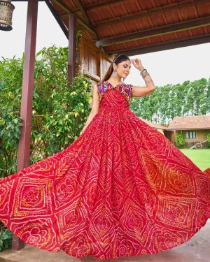 Designer Kutchi Work Bandhani Gown for Women Festive & Navratri Wear Red