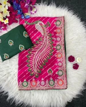 Designer Pure Georgette Bandhani Leheriya Saree with Peacock Pallu Coding Work
