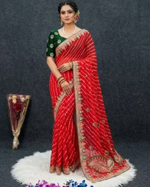 Embroidered Leheriya Georgette Saree with Designer Peacock Pallu Heavy Work