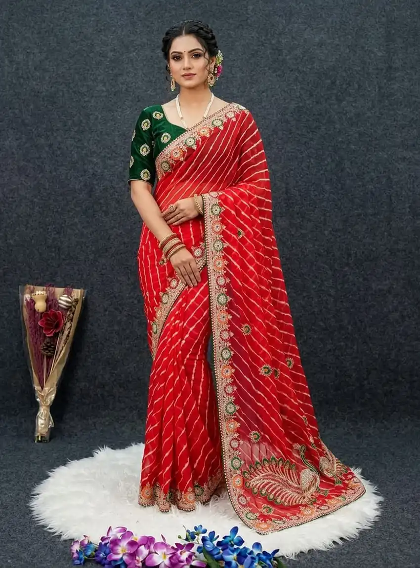 Embroidered Leheriya Georgette Saree with Designer Peacock Pallu Heavy Work Embroidered Leheriya Georgette Saree with Designer Peacock Pallu Heavy Work