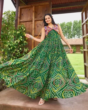 Ethnic Faux Georgette Bandhani Maxi Gown with Colorful Kutchi Work Green