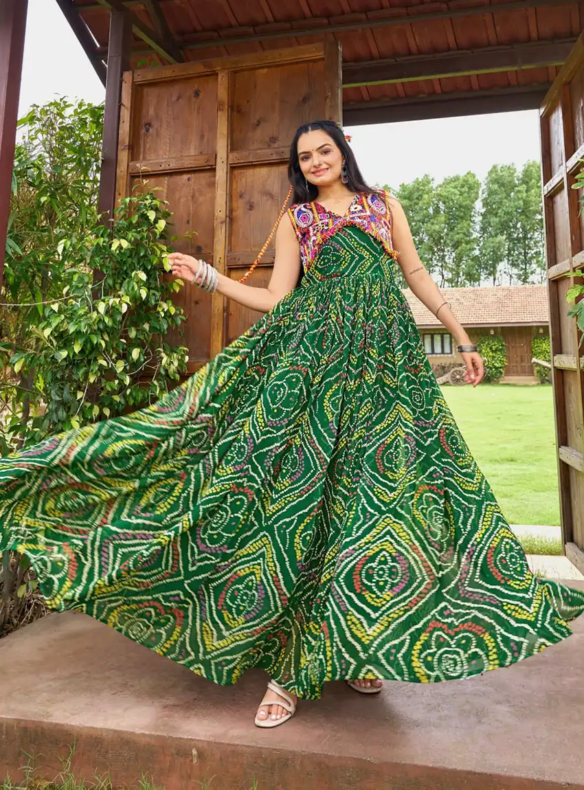 Ethnic Faux Georgette Bandhani Maxi Gown with Colorful Kutchi Work Green Ethnic Faux Georgette Bandhani Maxi Gown with Colorful Kutchi Work Green
