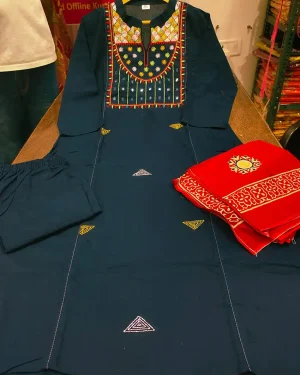 Festive Wear Straight Kurta Pant Set with Embroidered Yoke and Dupatta