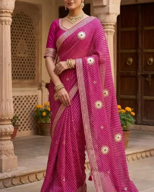 Georgette Mothda Saree for Women with Fancy kacchi Gota Patti - Festive wear Leheriya Sari