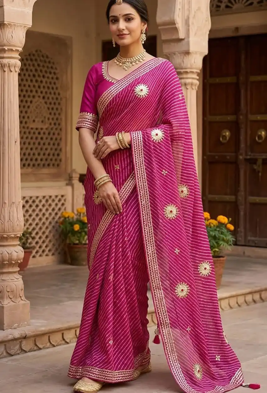 Georgette Mothda Saree for Women with Fancy kacchi Gota Patti - Festive wear Leheriya Sari Georgette Mothda Saree for Women with Fancy kacchi Gota Patti - Festive wear Leheriya Sari