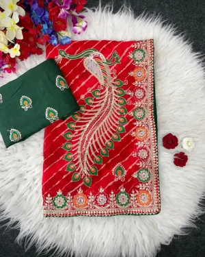 Leheriya Bandhani Saree with Designer Peacock Pallu Leheriya Saree for women