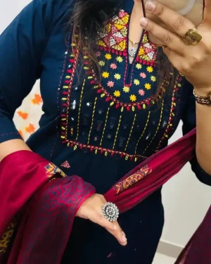 Mirror Work Straight Kurti with Pant and Printed Dupatta Set for Women