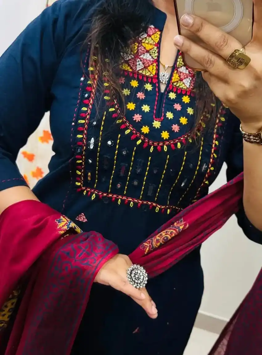 Mirror Work Straight Kurti with Pant and Printed Dupatta Set for Women Mirror Work Straight Kurti with Pant and Printed Dupatta Set for Women