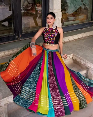 Multicolor Rayon Lehenga Choli for Women with Mirror Work Blouse Traditional Navratri Outfit