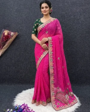 Pure Georgette Leheriya Saree with Peacock Pallu Embroidery & Heavy Work Blouse