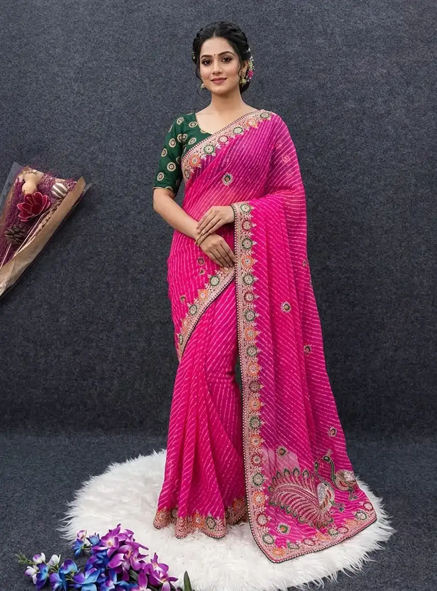 Pure Georgette Leheriya Saree with Peacock Pallu Embroidery & Heavy Work Blouse Pure Georgette Leheriya Saree with Peacock Pallu Embroidery & Heavy Work Blouse