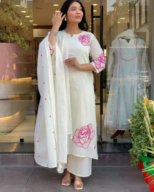 Traditional Cotton Kurta Pant Set with Floral Embroidery for women