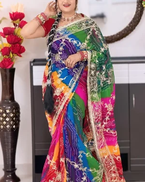 Women’s Georgette Navranga Chunari Saree with Sequins Gota Patti Full Jaal Work