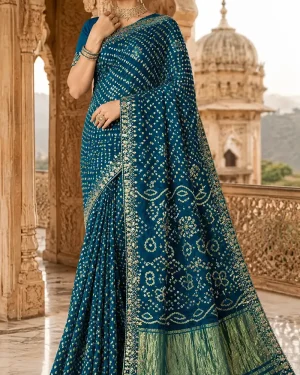 Women's Pure Modal Gajji Silk Bandhej Saree with Rich Gold Zari Border Traditional Indian Ethnic Wear