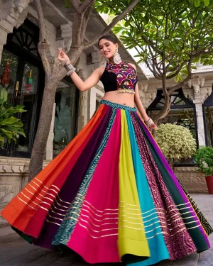 Women’s Rainbow Color Rayon Lehenga Choli with Mirror Work Blouse for Garba & Navratri