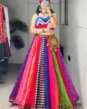 Designer Multicolor Festival Wear Chaniya Choli Bandhani Print Kali Lehenga, Mirror Work Sleeveless Blouse & Free Scarf