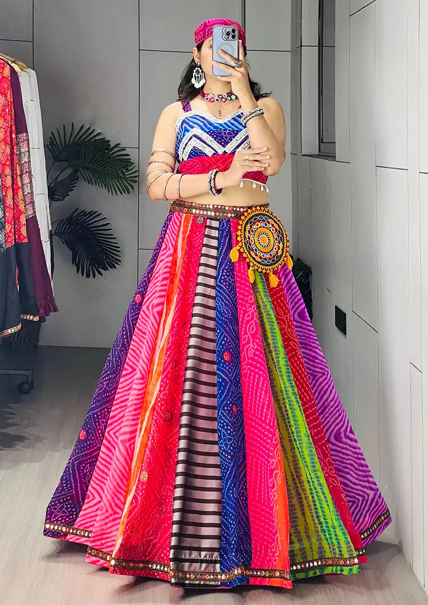 Designer Multicolor Festival Wear Chaniya Choli Bandhani Print Kali Lehenga, Mirror Work Sleeveless Blouse & Free Scarf Designer Multicolor Festival Wear Chaniya Choli Bandhani Print Kali Lehenga, Mirror Work Sleeveless Blouse & Free Scarf
