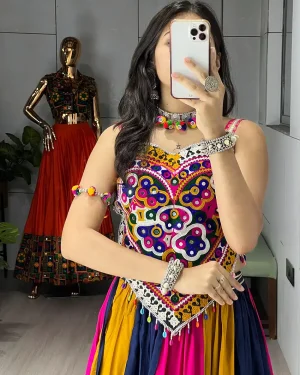 Designer Rayon Cotton Navratri Lehenga Set with Real Mirror Kutchi Work Blouse for Women