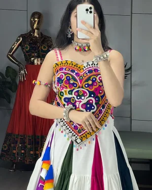 Ethnic Navratri Lehenga Choli Set for Women 9 Color Panel Rayon Cotton Lehenga with Pure Silk Kutchi Mirror Work Blouse Festive Wear