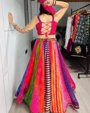 Multicolor Bandhani Print Navratri Chaniya Choli with Patchwork Kali Lehenga & Mirror Work Blouse Faux Georgette Garba Dress for Women