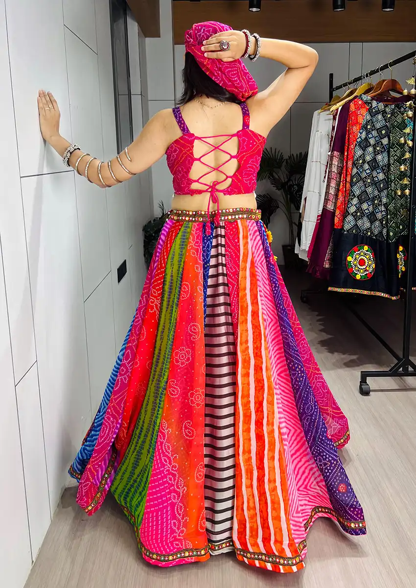 Multicolor Bandhani Print Navratri Chaniya Choli with Patchwork Kali Lehenga & Mirror Work Blouse Faux Georgette Garba Dress for Women