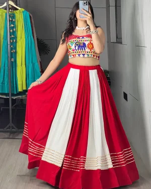Red & White Chaniya Choli for Women Rayon Cotton Navratri Garba & Dandiya Lehenga Choli Set with Gamthi Work